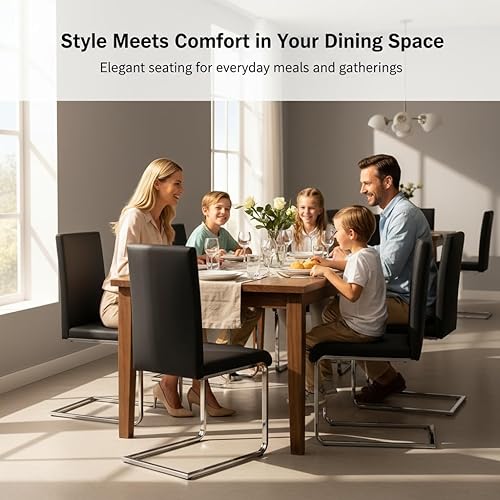Miniatura 7 de SHGJ&SOFT Juego de 4 sillas de comedor modernas, tapizadas de piel sintética negra con base de trineo de metal, sillas laterales sin brazos con