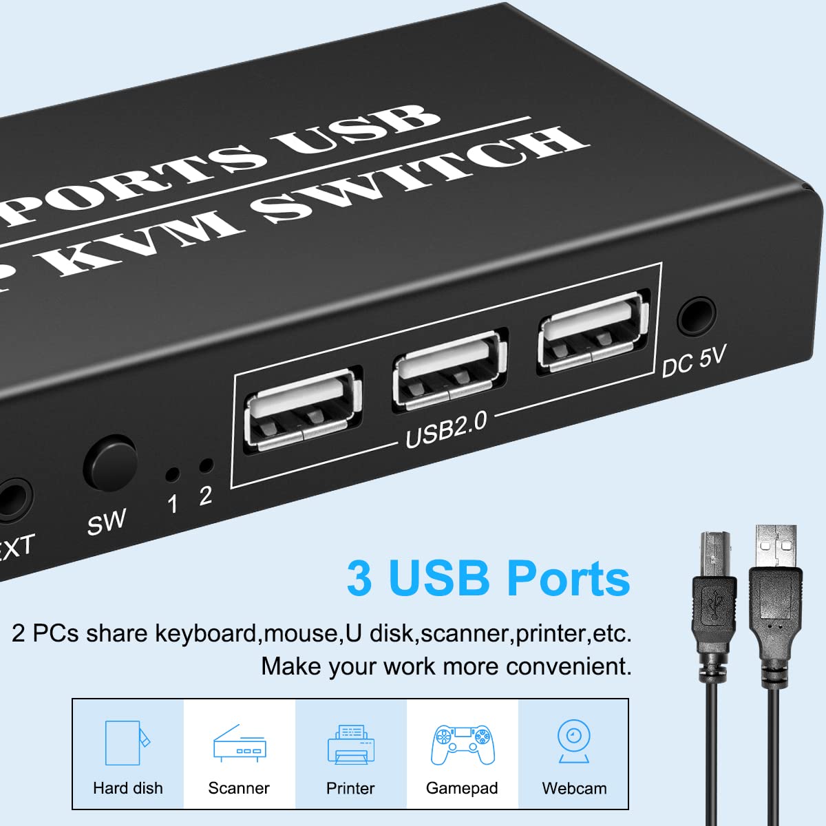 HDSUNWSTD 2 Port DisplayPort 2x1 DP KVM Switcher Switch DP 1.2 4K@60Hz Supports USB 2.0 Devices Control up to 2 DP Port Device with DP Cable