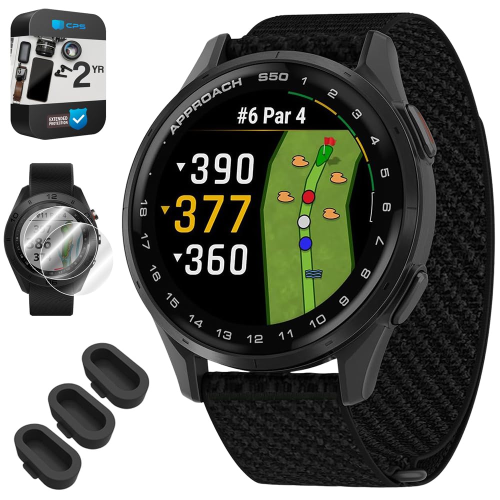 Garmin Approach S50, Advanced Golf GPS Smartwatch, AMOLED Display, On-Course Features, Slate Aluminum Bezel with Black ComfortFit Nylon Band - Bundle w/Deco Essentials 2-Year CPS Plan