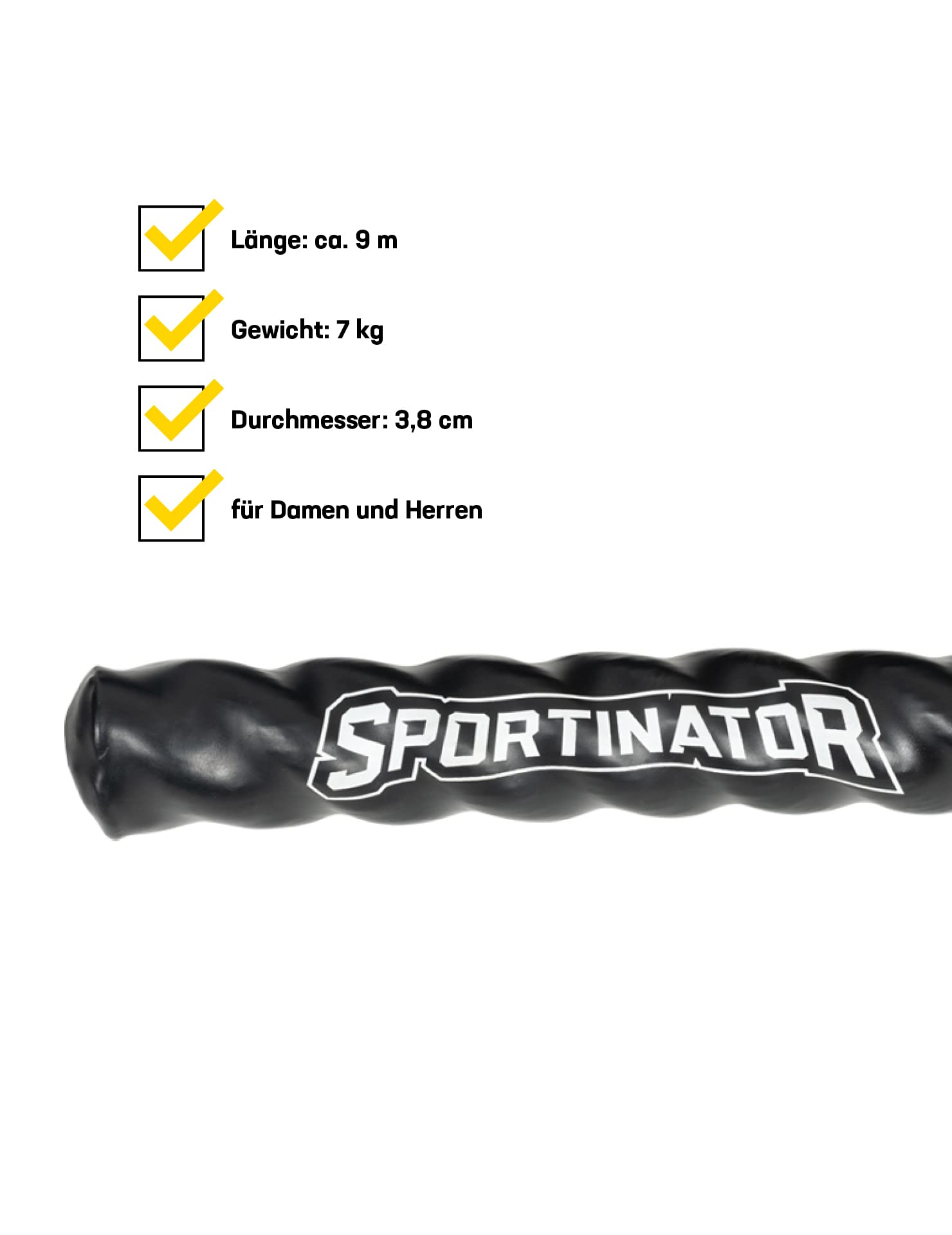 SPORTINATOR® Fitness Battle Rope 9 m langes und 7 kg schweres Trainingsseil, mit Kunststoff umwickelten Enden als Griffe. Perfekt für Koordinations- und Ausdauertraining. Für Damen und Herren