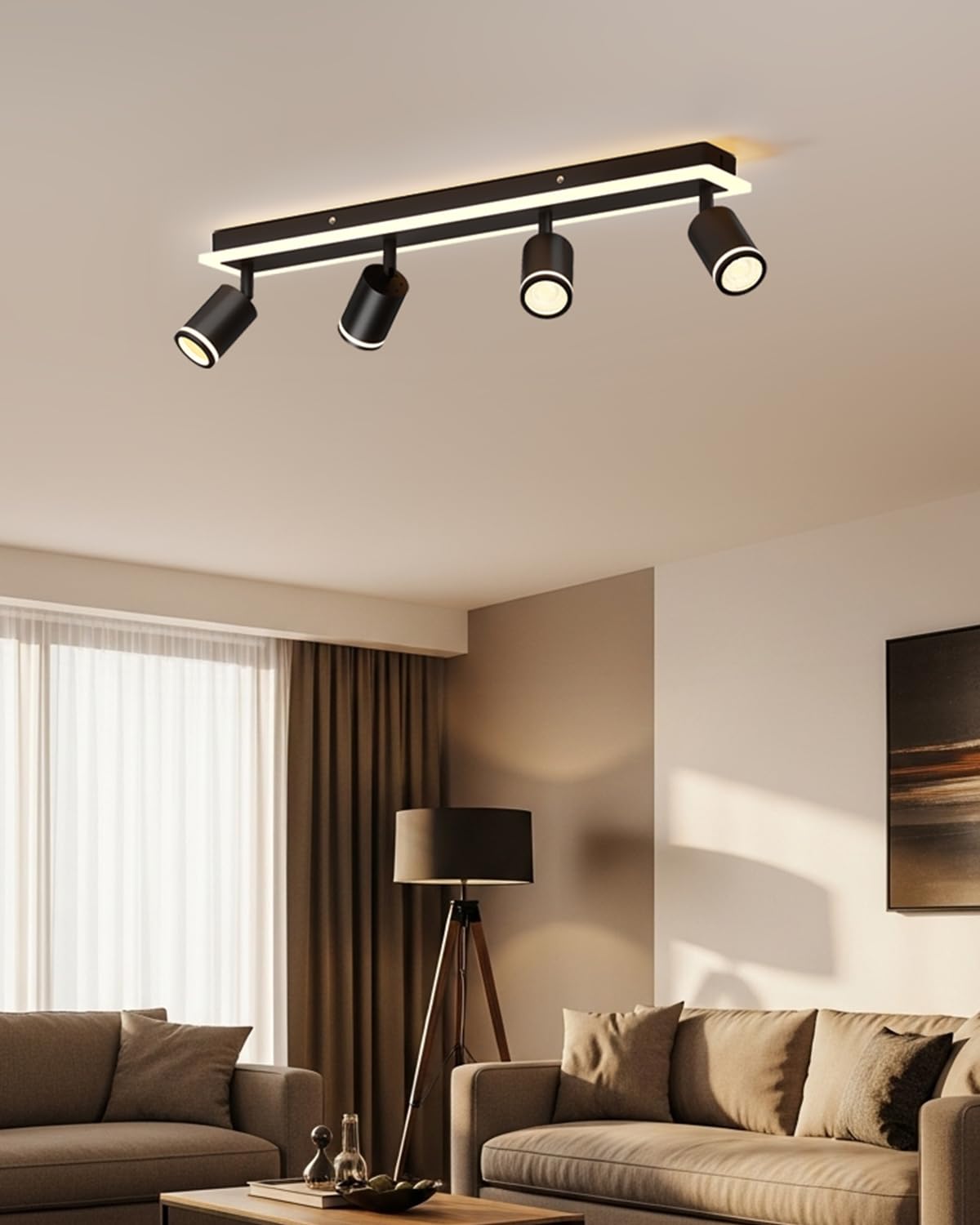 LVWIT Luminaire Plafonnier LED, 4 Spot de Plafond Salon Noir GU10, Luminaires Intérieur Pour Cuisine, Base Rectangulaire Avec Barre Lumineuse Intégrée (Sans Ampoule)