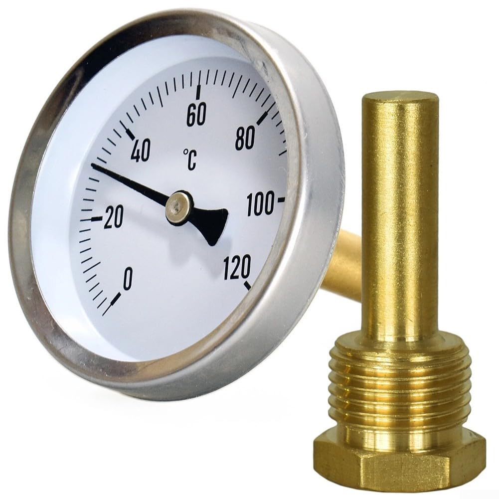 Gdfnmogo Termometro bimetallico con quadrante da 0 °C a 120 °C, con manicotto ad immersione da 1/2", 63 mm, in acciaio inox, per sistemi di riscaldamento di caldaie, acqua, olio, aria