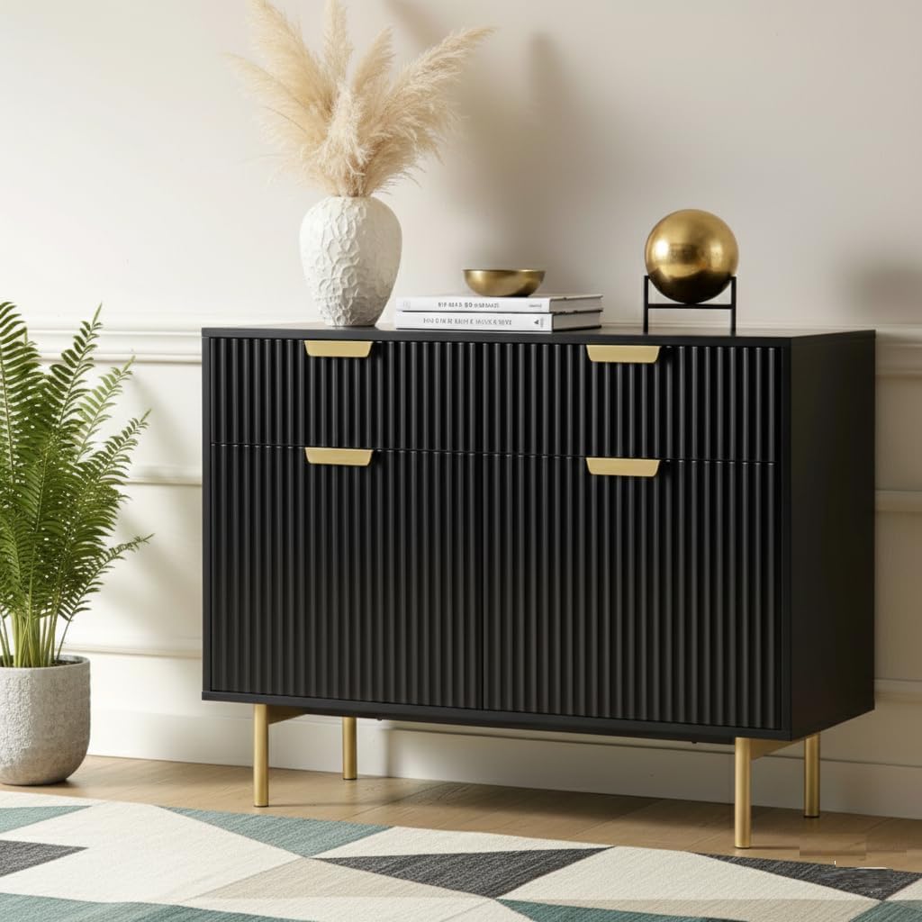 Rathkaar Solid Mango Wood Sideboard Cabinet with 2 Doors and 2 Drawers, Kitchen Crockery Storage Cabinet for Living Room Bedroom, Iron Frame, Black and Gold Finish Wooden Furniture-picture-11