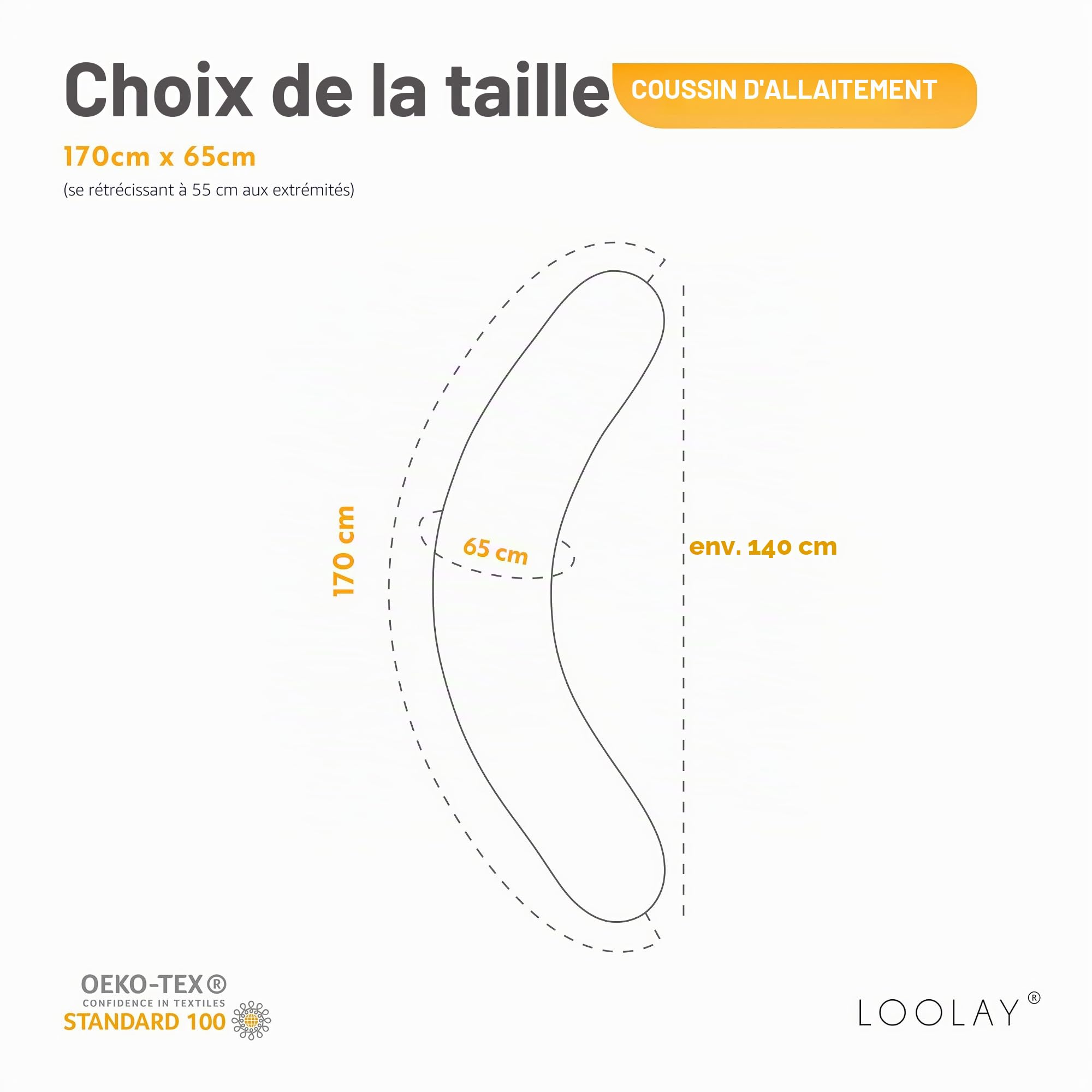 LOOLAY Coussin de grossesse - Coussin d'allaitement - 170 cm - Coussin de positionnement latéral - 100 % coton - Avec housse amovible - Ergonomique - Pour dormir (gaufre, taupe, cappuccino/pois marron