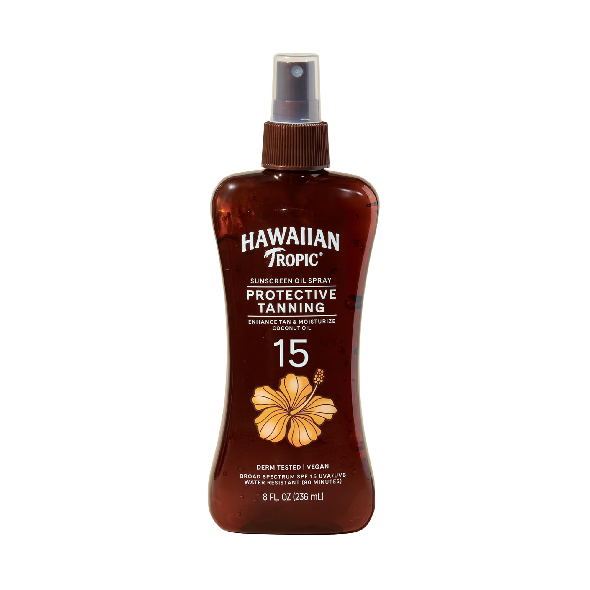 Hawaiian Tropic Sunscreen Oil Spray Protective Tanning, Enhance Tan & moisturize coconut oil, Tropical Scent, SPF 15 UVA/UVB, Water resistant (80Mins), Vegan, No Oxybenzone - 236ml