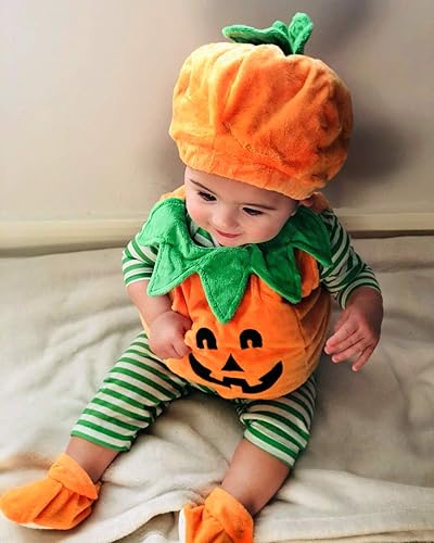 Miniatura 3 de Bagilaanoe Traje de Halloween para bebé niño y niña, disfraz de calabaza, disfraz de Halloween, mameluco, gorro, pies