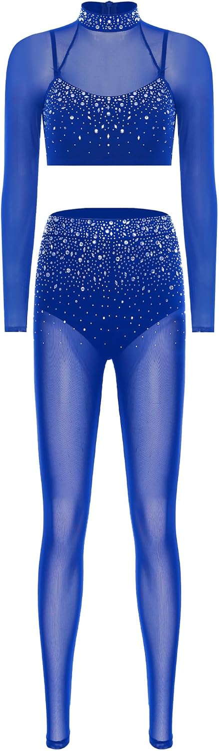 JanJean Womens Glittery Rhinestone Dance Outfits Long Sleeve Crop Top Leggings Tights Figure Ice Skating Dancewear