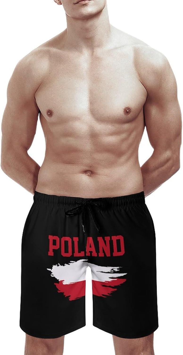Poland Flag Casual Men's Swim Trunks Novelty Summer Beach Shorts Swimwear with Pocket