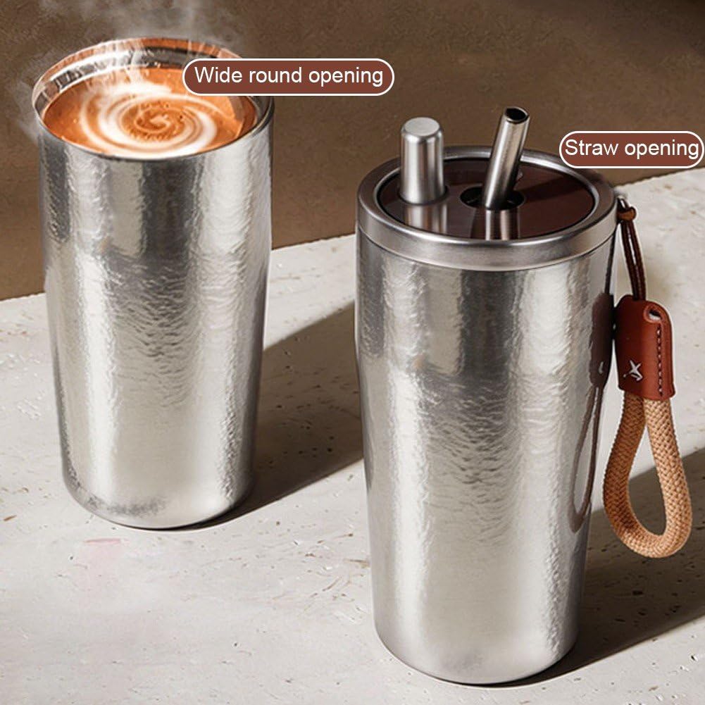 Mug en Titane Pur Martelé, Bouteille De avec Couvercle Étanche, Gobelet Portable avec Paille Cordon pour Le Bureau L'extérieur