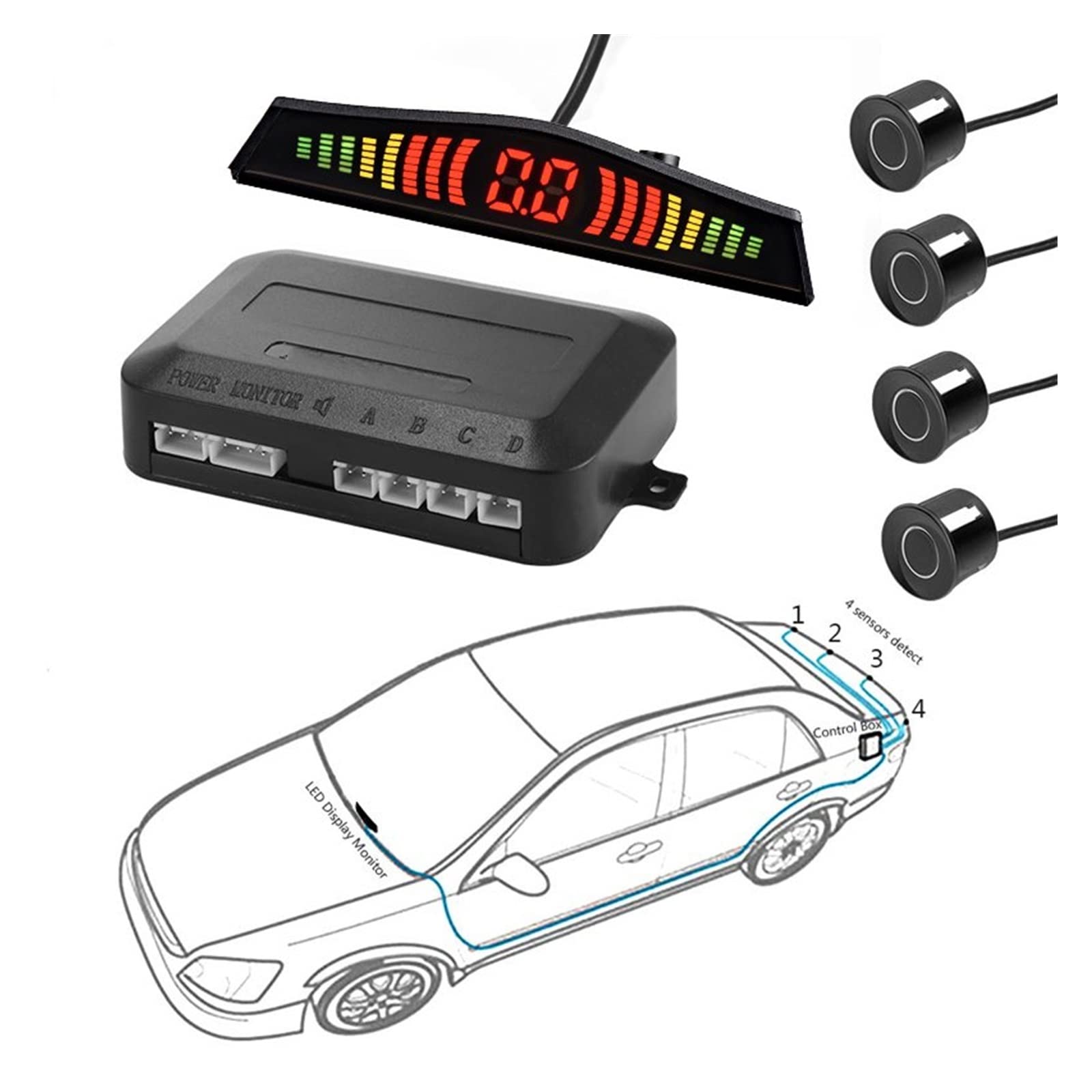 Radar De Recul Voiture Détecteur Voiture Parktronic Affichage LED Automatique 4 Pièces Kit Capteur Stationnement Moniteur Radar Secours Détecteur Voiture Radar Recul Capteur(Bleu)