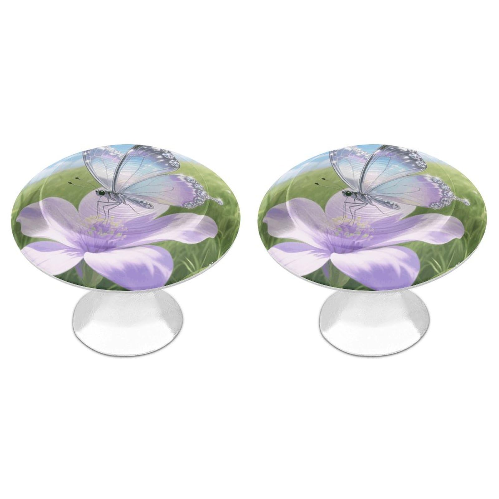 Maccbn Style-5 2 Pack 1.1" Round Butterflies Fall On Flowers Drawer Knobs Modern Kitchen Cabinet Knob Hardware Handles Decorative Furniture Knobs For Dresser, Cupboards, Wardrobes, Bifold Door, Closet Do