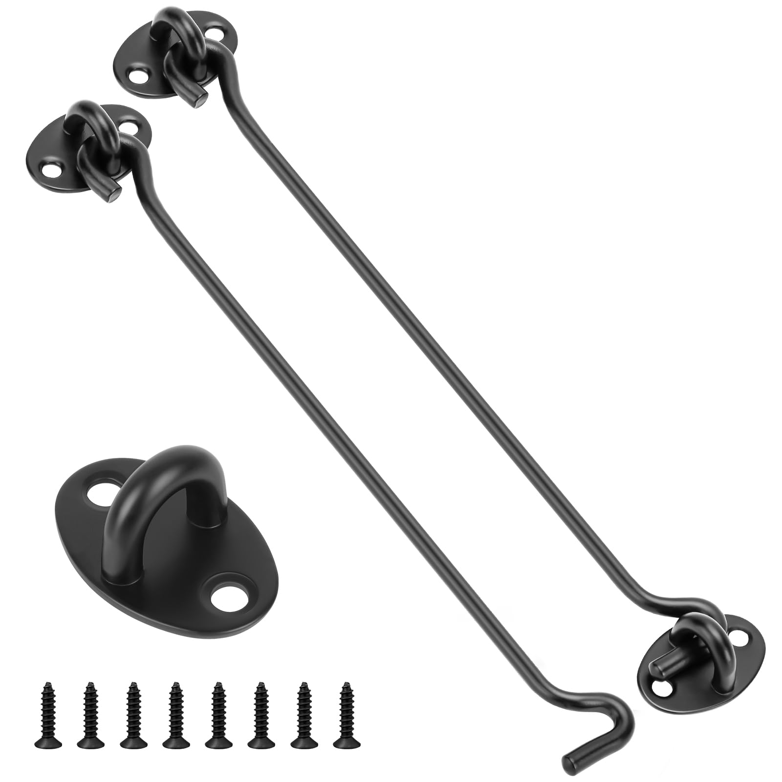 2 Pack Hook and Eye Latch Black 250mm(10") Cabin Hooks and Eye Metal Door Hook Latch Heavy Duty Cabinet Latches for Door Gate Window Closet Shed