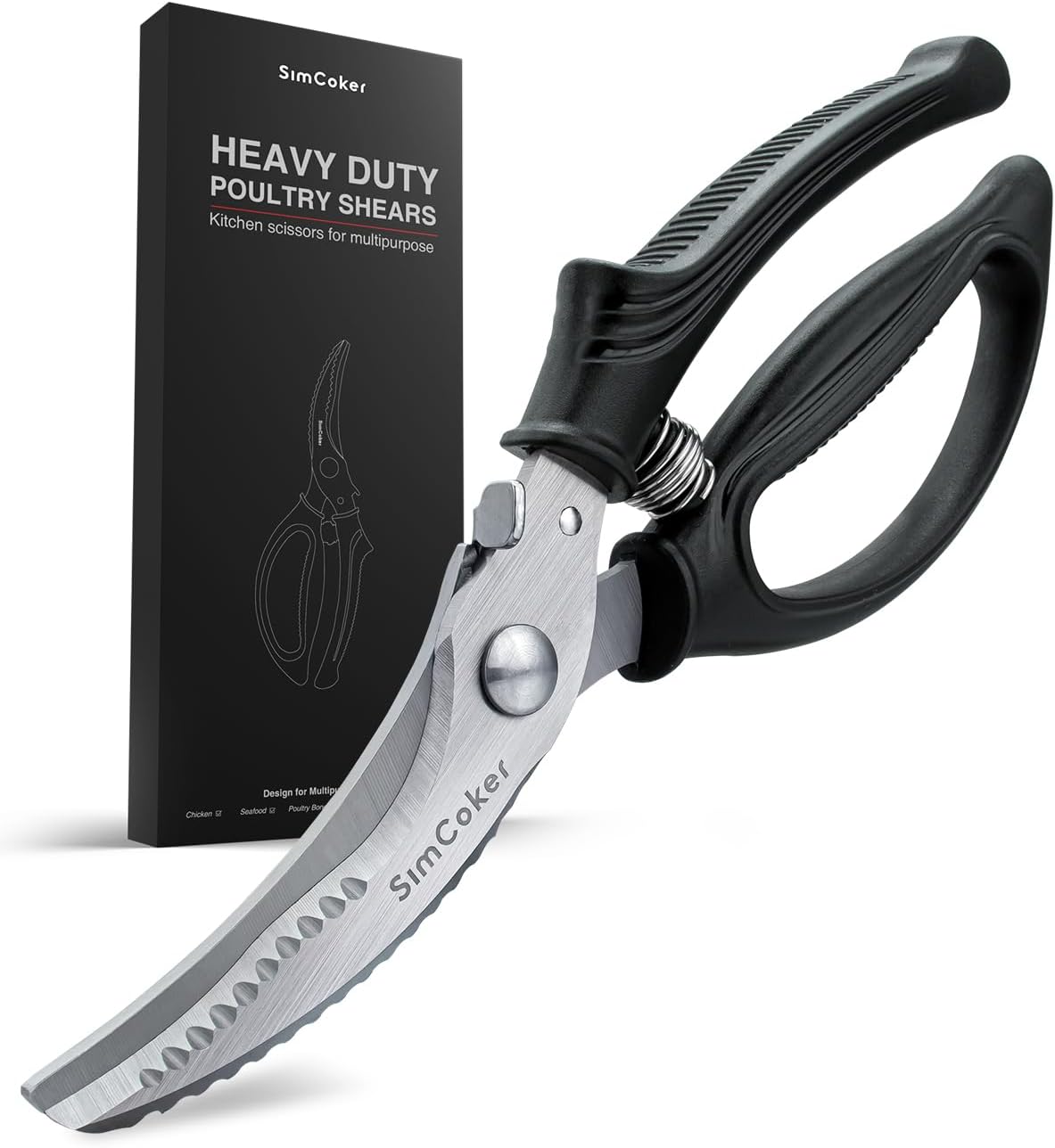 Poultry Shears, Heavy Duty Kitchen Shears With Anti-Slip Handle & Safety Lock, Poultry Scissors for Meat, Chicken, Bone,Turkey, Fish, Spring Loaded, Dishwasher Safe