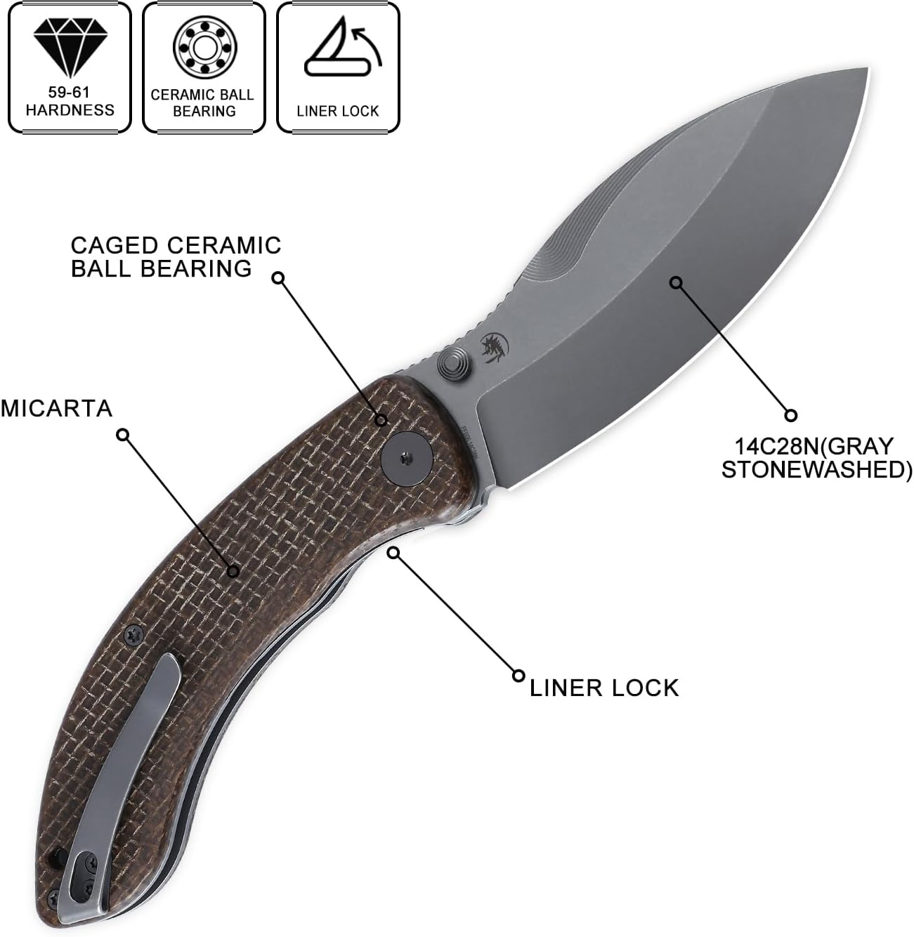 Petrified fish PFB06 Folding Knife,3.74" 14C28N Steel Stonewashed Blade Micarta Handle Folding knife for EDC Camping Outdoor (Brown Micarta)