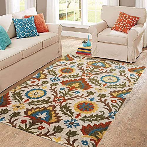 Image of Export Quality Handtufted Woolen Carpet for Living Room Bedroom & Hall - Color - White /Multi - Size - 10 x 12 Feet