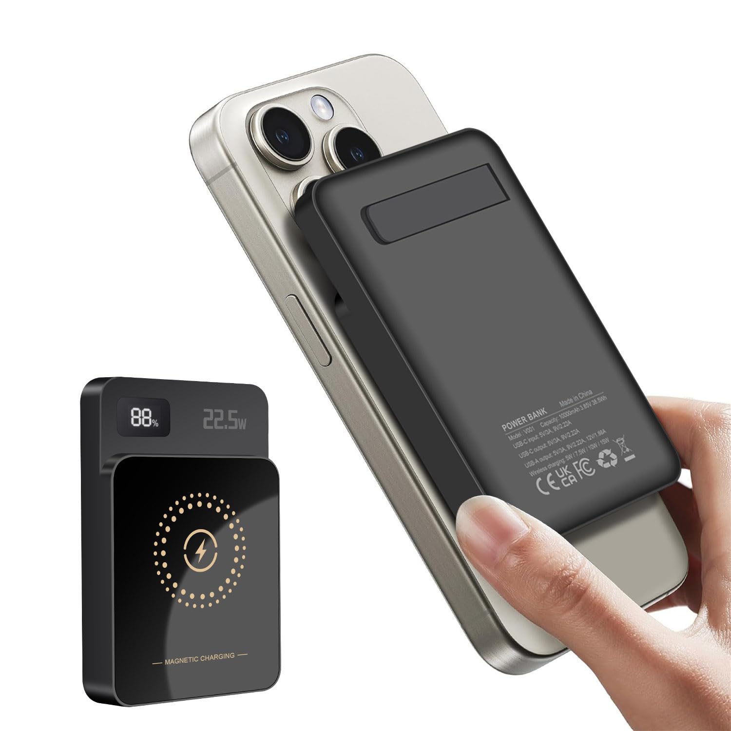 22.5W Power Bank, 10000mAh 15W Magnetic Wireless Powerbank Portable Charger for iPhone 16 15 14 13 12 Series, 20W PD USB C Battery Pack with LED Display Charging for Samsung/Google/LG/iPad etc. Black