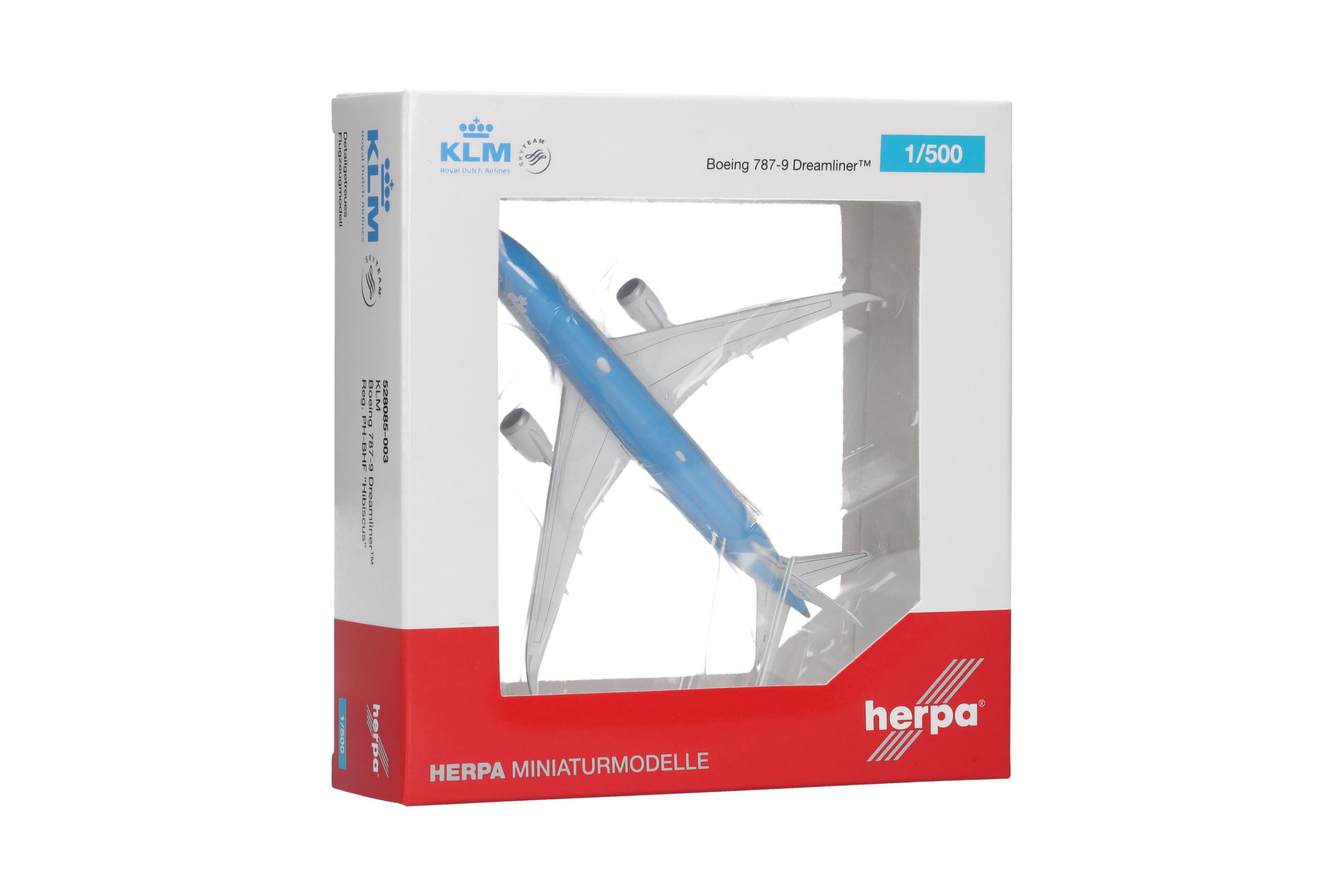 Herpa Miniatura del avión KLM Boeing 787-9 Dreamliner, Escala 1/500, maqueta de colección, modelismo, avión sin Soporte, Figura Metal