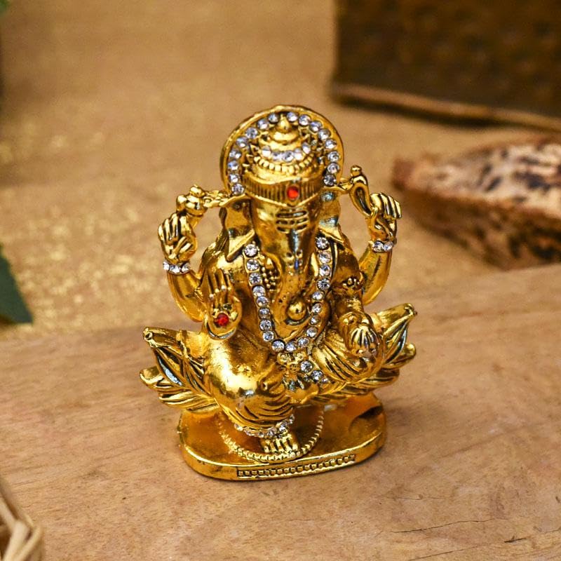 Image of Lord Ganesha Car Dashboard Idol & Crystal Stones Lotus Base Design Hindu God Ganpati.Believed to Protect and Bless Travelers on Their Journeys.(Gold)