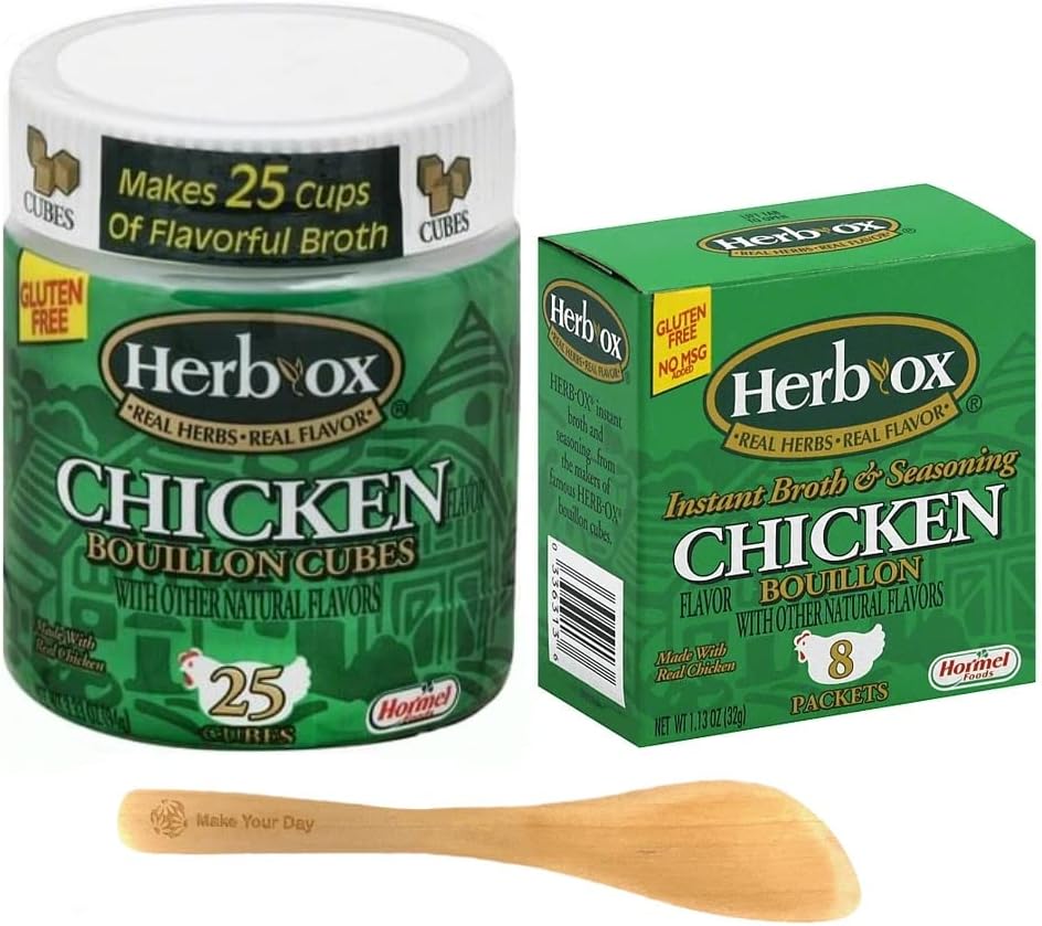 HerbOx Chicken Bouillon, 25 Cubes and 8 Packets (Pack of 2) - with Make Your Day Mini Bamboo Spatula