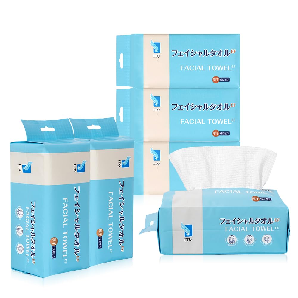 ITO Facial Towels, EF (60 Sheets x 6 Pieces), Thick, OEKO-TEX® Certified, Original EF Fabric, Cleansing Towel, Embossing, Cotton Towel, Disposable Towel, Fluffy Cotton Puff Baby Friendly, Absorbent, :