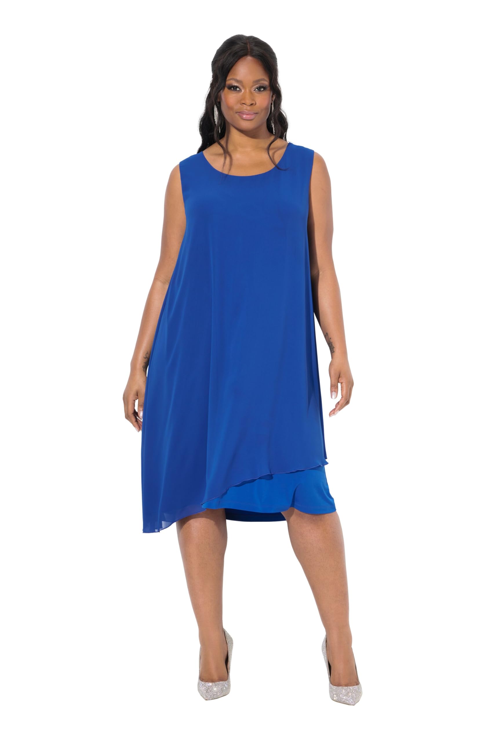 Ulla Popken Damen große Größen Übergrößen Plus Size Kleid, doppellagig, A-Linie, Rundhals, ärmellos 839941