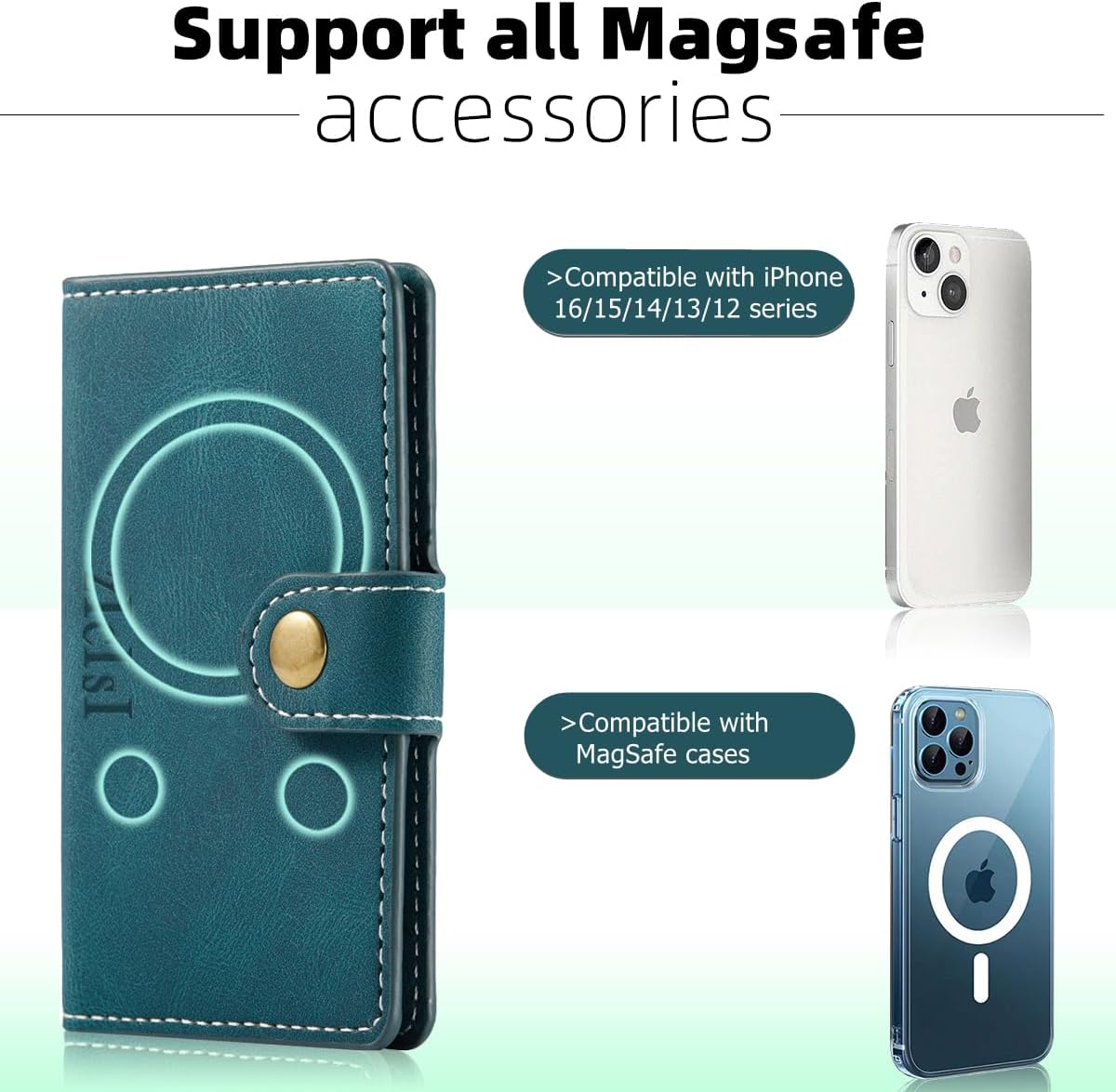 Magnetic Phone Wallet,Compatible with Magsafe Wallet for iPhone 16/15/14 Pro Max/14 Pro/14 Plus/13/12 Series,5 Card Holders with Magsafe and RFID Blocking,Vegan Leather,Teal - Image 2