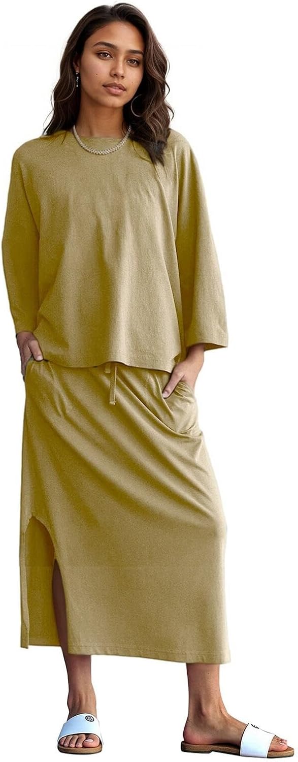 Halfword 2 Piece Sets for Women Oversized Shirt and Maxi Skirt Set Vacation Clothes Casual Lounge Set with Pockets - Image 2