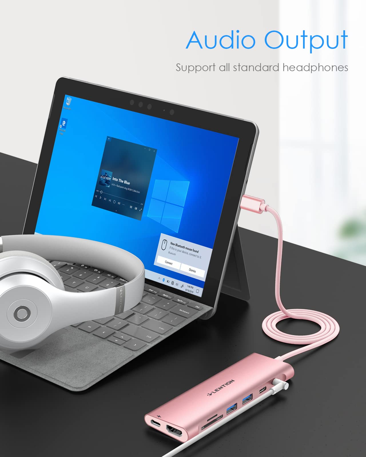 LENTION Długi kabel USB C Hub z 4K HDMI, 2 USB 3.0, czytnik kart, Aux, typ C / adapter ładowania 100 W do MacBooka Pro 2023-2016, nowego Mac Air/Surface, ChromeBook, więcej (CB-C37, różowe złoto)