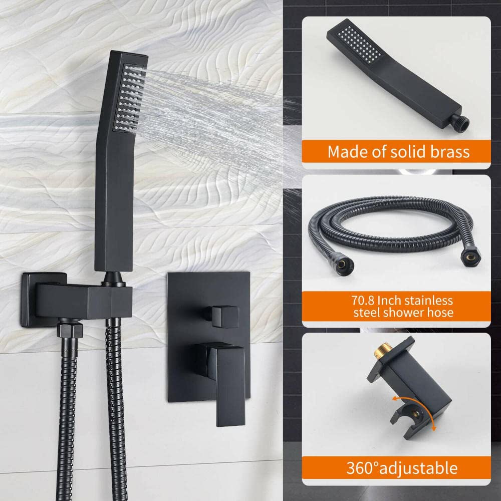 Huin Juego de ducha de lluvia juego de grifo mezclador negro de 12 pulgadas llenador y válvula de bañera