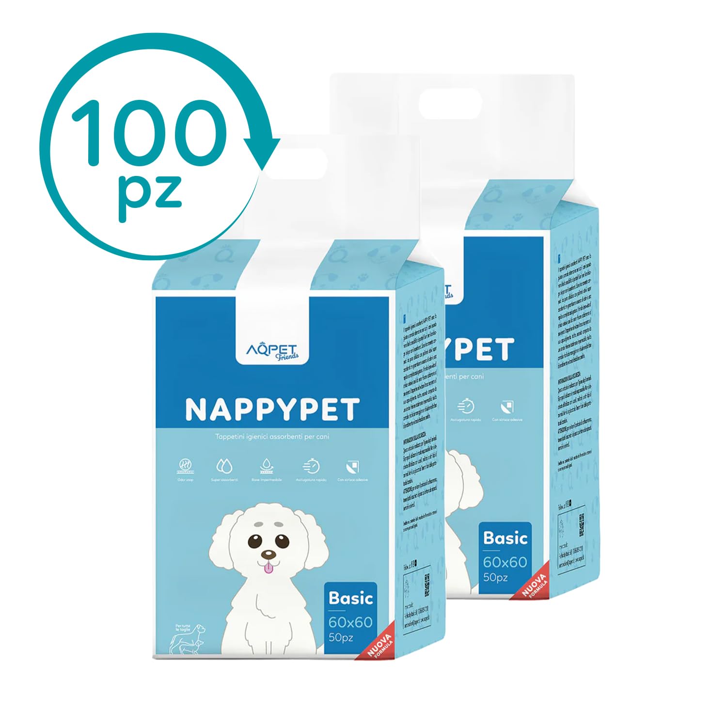 100 Tappetini Assorbenti per Cani 60x60 cm - Traversine Ultra Resistenti, Super Assorbenza, Anti-Odore e Anti-Perdite. Ideali per Cuccioli e Cani Anziani, Protezione Totale per Pavimenti e Superfici.