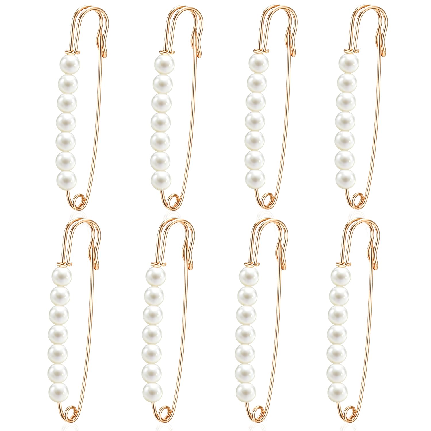 ELNX 8 Pcs Large Safety Pins with Pearl | 7.9cm Faux Pearl Brooch Pins | Fashion Safety Pin | Pant Waist Tightener Decorative Modesty Pin for Clothing Sweater Shawl Skirts(Gold)