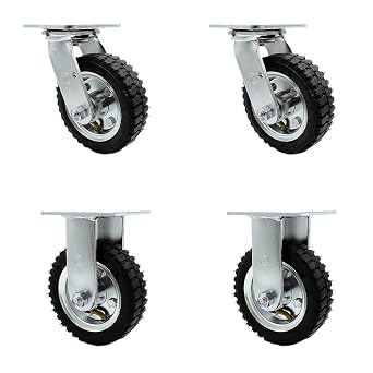 6 Inch Swivel Pneumatic Casters Set of 4 - Black Rubber Wheels - Includes 2 Swivel with Bolt on Swivel Locks and 2 Rigid - Heavy Duty Casters - 1,000 lbs. Total Capacity - Service Caster Brand