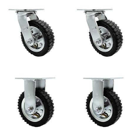 6 Inch Swivel Pneumatic Casters Set of 4 - Black Rubber Wheels - Includes 2 Swivel with Bolt on Swivel Locks and 2 Rigid - Heavy Duty Casters - 1,000 lbs. Total Capacity - Service Caster Brand