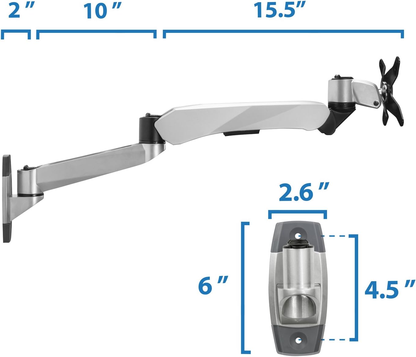 Diagram showing key dimensions of the MI-35114S mount, including arm length and wall plate size.