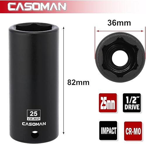 Miniatura 52 de CASOMAN 1/2" Drive x 1.417 in Deep 12 PT Socket Impacto, CR-MO, 1/2" Drive 12 Point Axle Nut Socket para una fácil extracción de las tuercas del eje