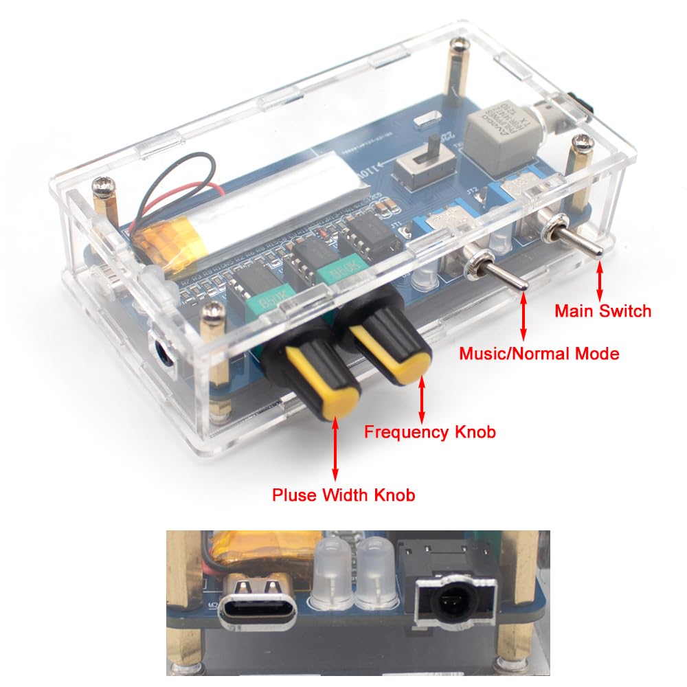 Close-up of the driver board with labeled controls: Main Switch, Music/Normal Mode switch, Frequency Knob, Pulse Width Knob, and audio/power ports