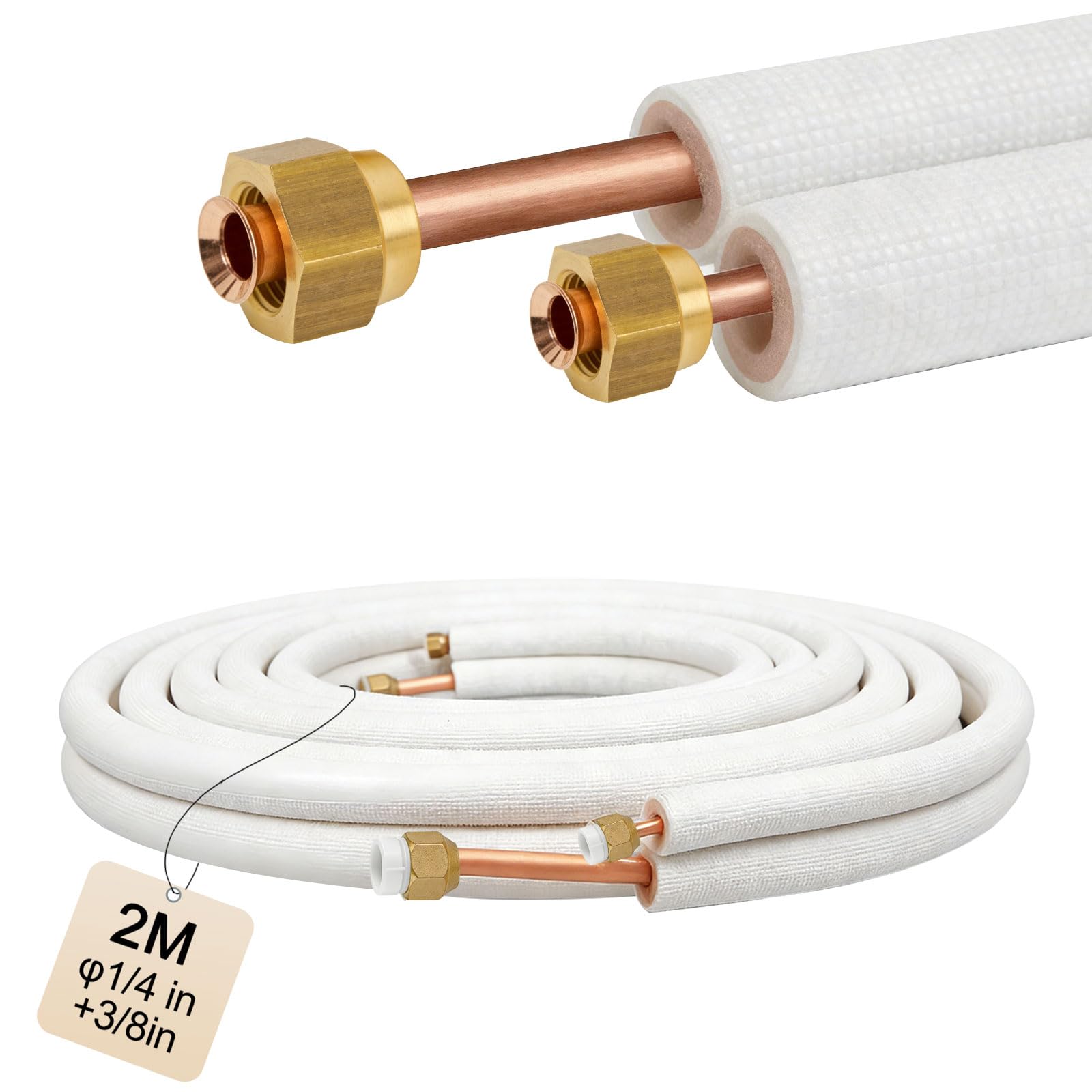 Kältemittelleitung 1/4" 3/8" 2 m, Kupferrohr Isoliert für Split-Klimaanlagen, Kältemittelleitungen Isoliert, Kälterohr 1/4 3/8 für Kältemittel R32, R410A und R407C