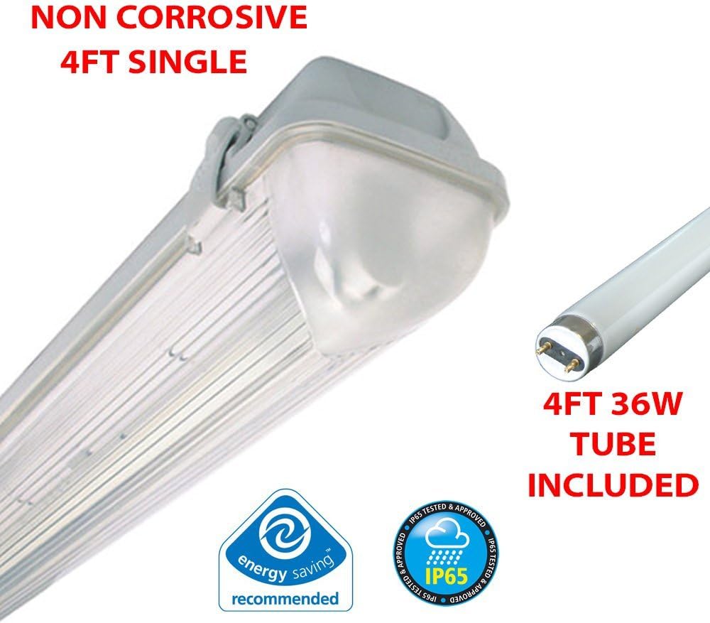 4FT SINGLE 36 WATT NON CORROSIVE WEATHERPROOF FLUORESCENT LIGHT FITTING (INCLUDES TUBE) - IP65 - WEATHERPROOF OUTDOOR STRIP LIGHT - IDEAL FOR GARAGES, WORKSHOP, SHEDS, GREENHOUSES OR COMMERCIAL APPLICATIONS - STURDY CONSTRUCTION - POLYCARBONATE DIFFUSER - HIGH FREQUENCY TRIDONIC CONTROL GEAR - BRANDED - 2 YEAR GUARANTEE