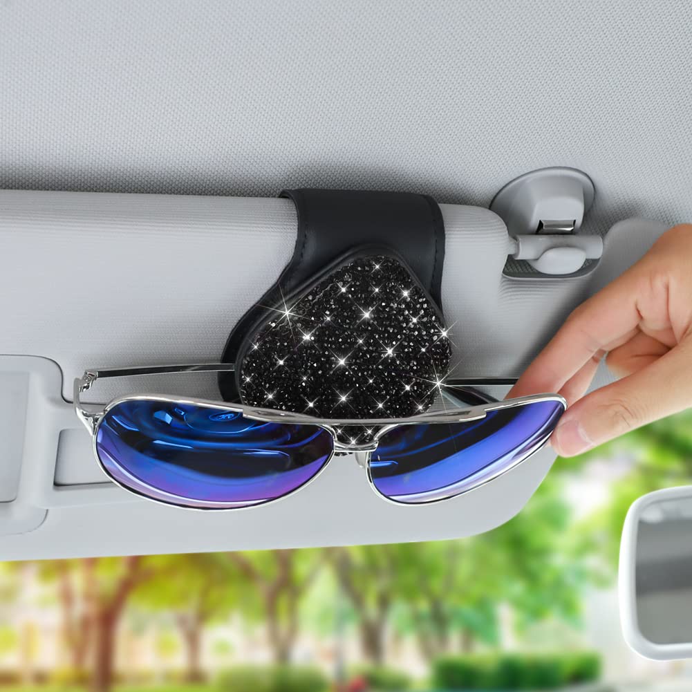 SAVORI Bling Sunglasses Holder for Car Sun Visor Magnetic PU Leather Glasses Eyeglass Hanger Clip for Car Decoration Accessories (Black)