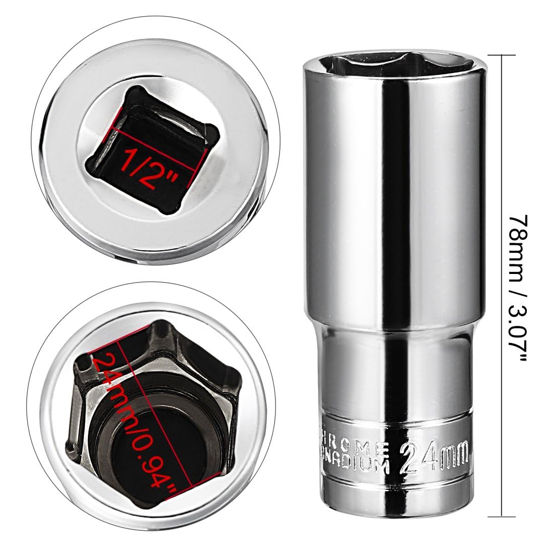 TA-VIGOR 1/2 Inch Drive 24mm 6-Point Deep Socket, Metric, Cr-V Drive Socket (Polishing) for Auto Repairing and Household - Image 2