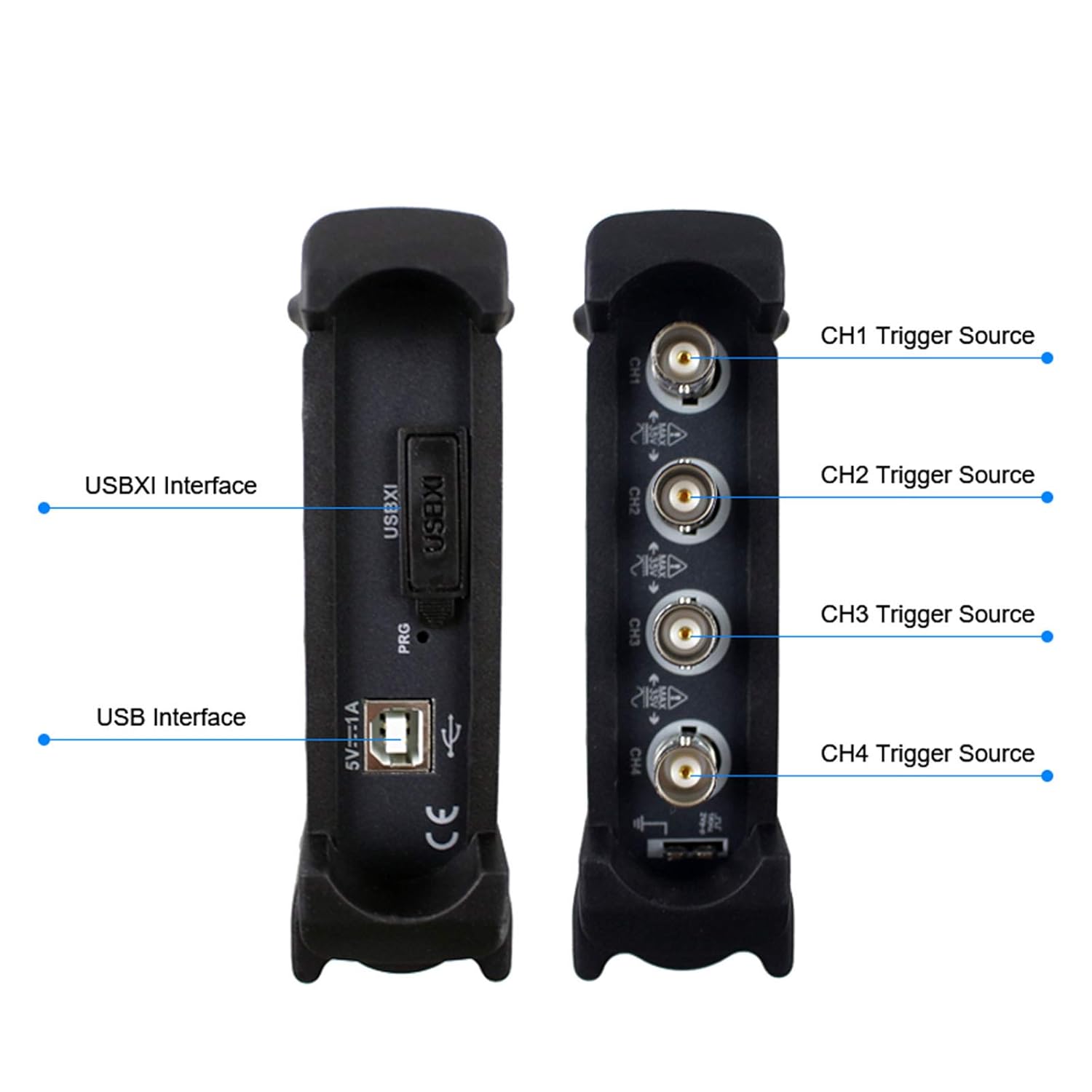 Close-up view of Hantek 6074BE oscilloscope ports