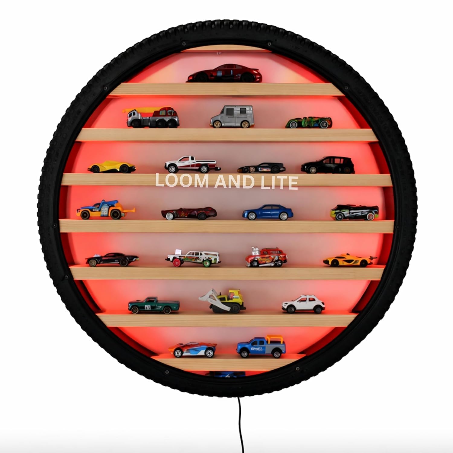 24 Inch Red LED Display Shelf | Wall Mounted Toy Car Storage Rack | Wooden Shelves Tire Frame Design with RGB Backlight for Kids Room Boys Bedroom Playroom Decor-image-45