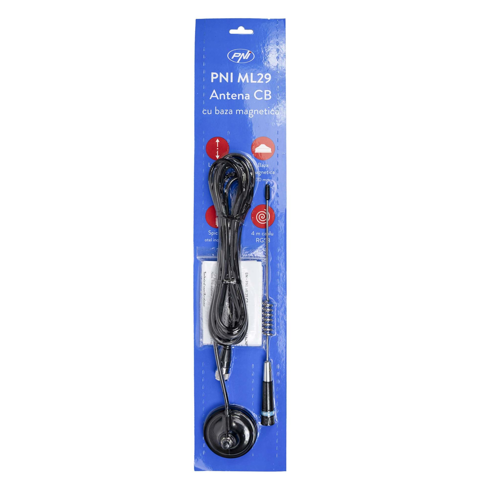 Antenne CB PNI ML29, Longueur 29 cm, avec Aimant Inclus Ø 70 mm et câble RG58