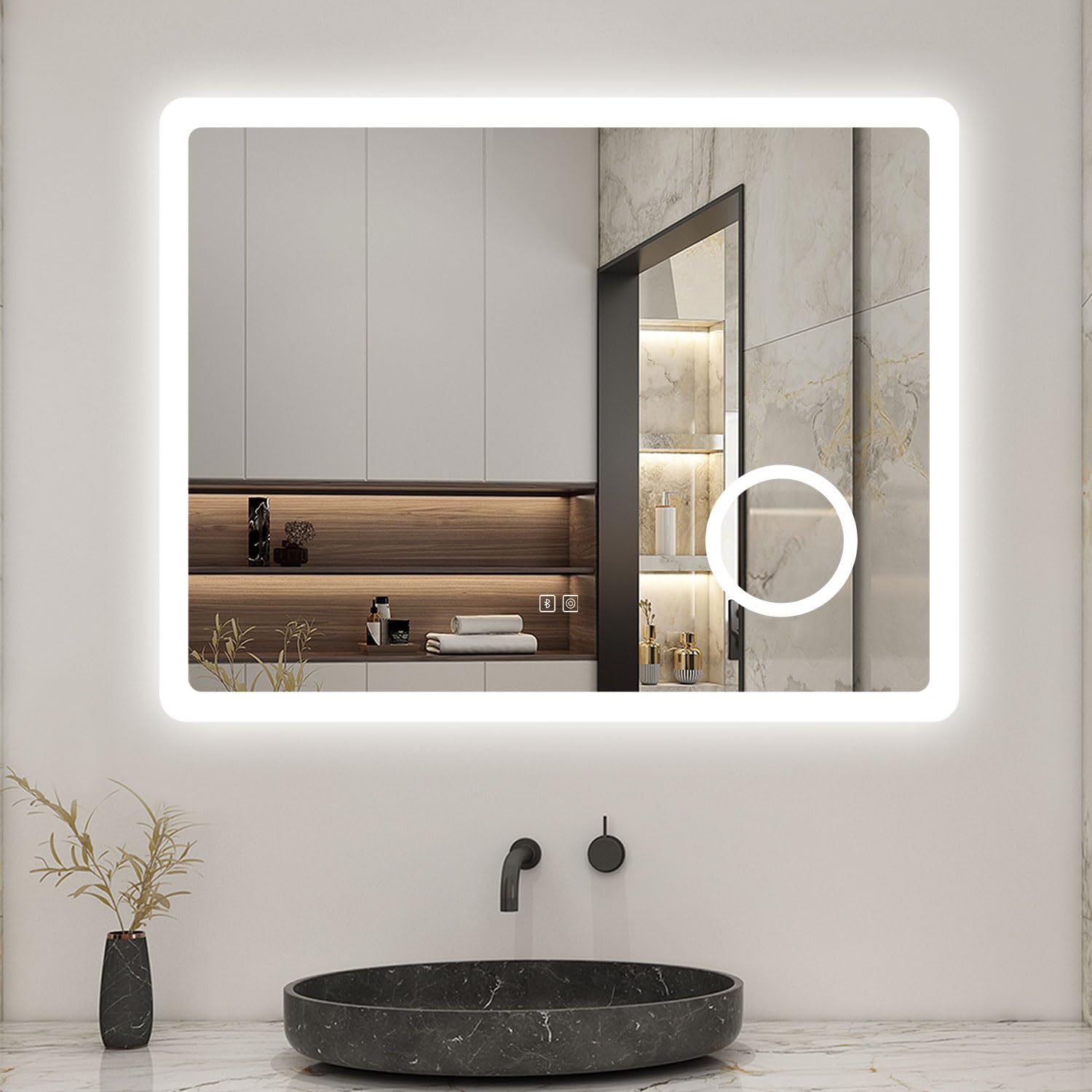Biubiubath White/Light 600X800mm Bluetooth Led Bathroom Mirror With Shaver Socket And 2 Usb Ports Dimmable 3 Colour With Demister Pad Magnifier Touch Sensor Wall Switch Control Lights Vertical Horizontal
