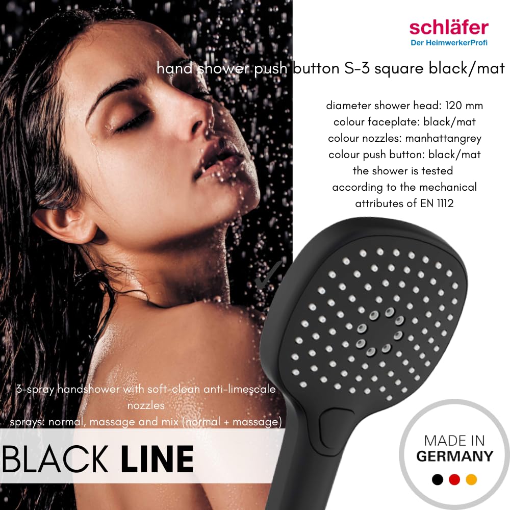 Schläfer 1304700 Alcachofa de ducha cuadrada negra mate, ducha a mano, alcachofa de ducha multichorro universal, ducha estándar, alcachofa cuadrada de alta presión, teléfono ducha