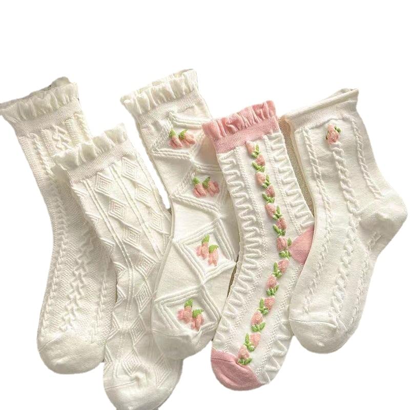 Women 5 Pairs Floral Crew Socks Cottagecore Ruched Ruffle Socks Aesthetic Cutecore Ankle Socks Preppy Accessories