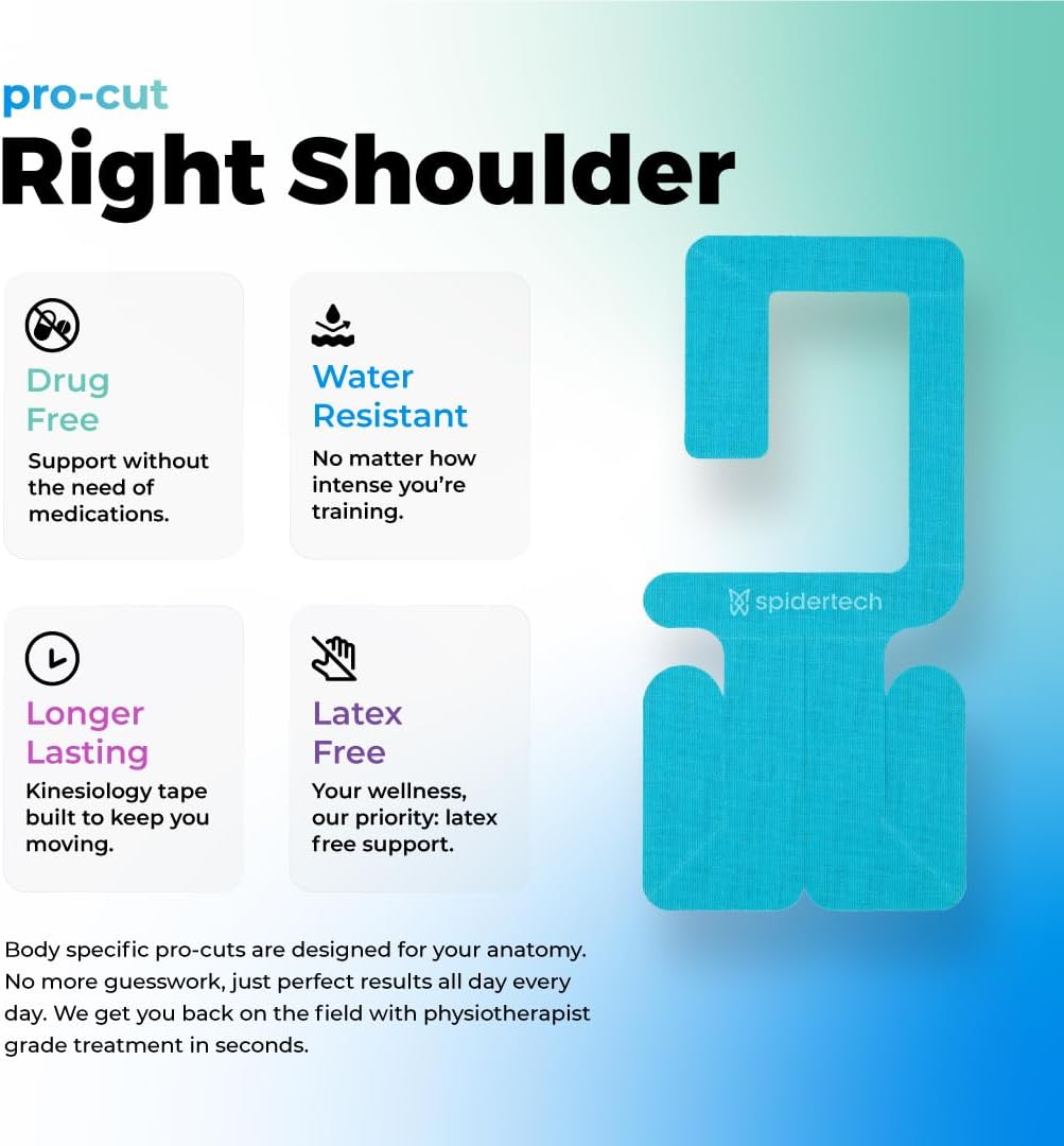 Spidertech Professional Pre-Cut Cotton Kinesiology Tape for Right Shoulder Support - for Athletes, Sports Physiotherapists, and Chiropractors, Pain Relief (Blue, 4 Pack)
