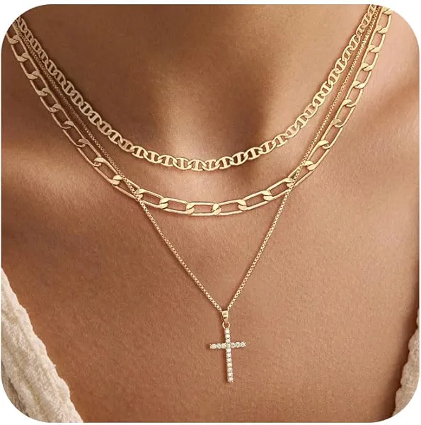 Feskive Layered Gold Necklaces for Women Dainty 14k Gold/Silver Plated Stackable Choker Necklaces for Women Trendy Cuba Cross Circle Pendant Necklaces Set Jewelry Gifts for Women