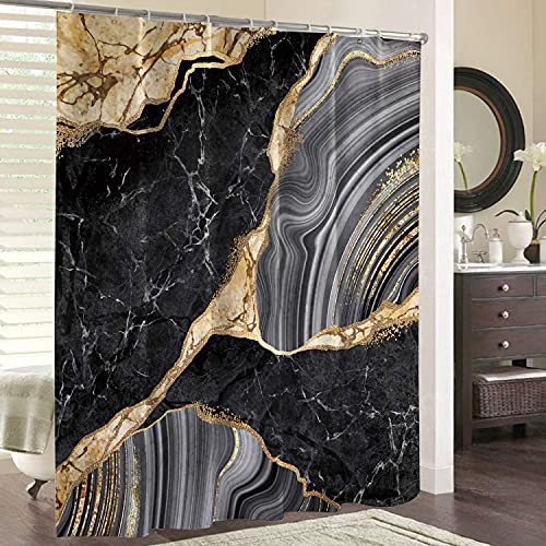 Miyotaa Black Gold Marble Shower Curtain Set 60Wx71H Inches Crack Ink Texture Luxury Abstract Decorative Stone Polyester Waterproof Cloth Bathroom Curtain With 12 Hooks #TOP2