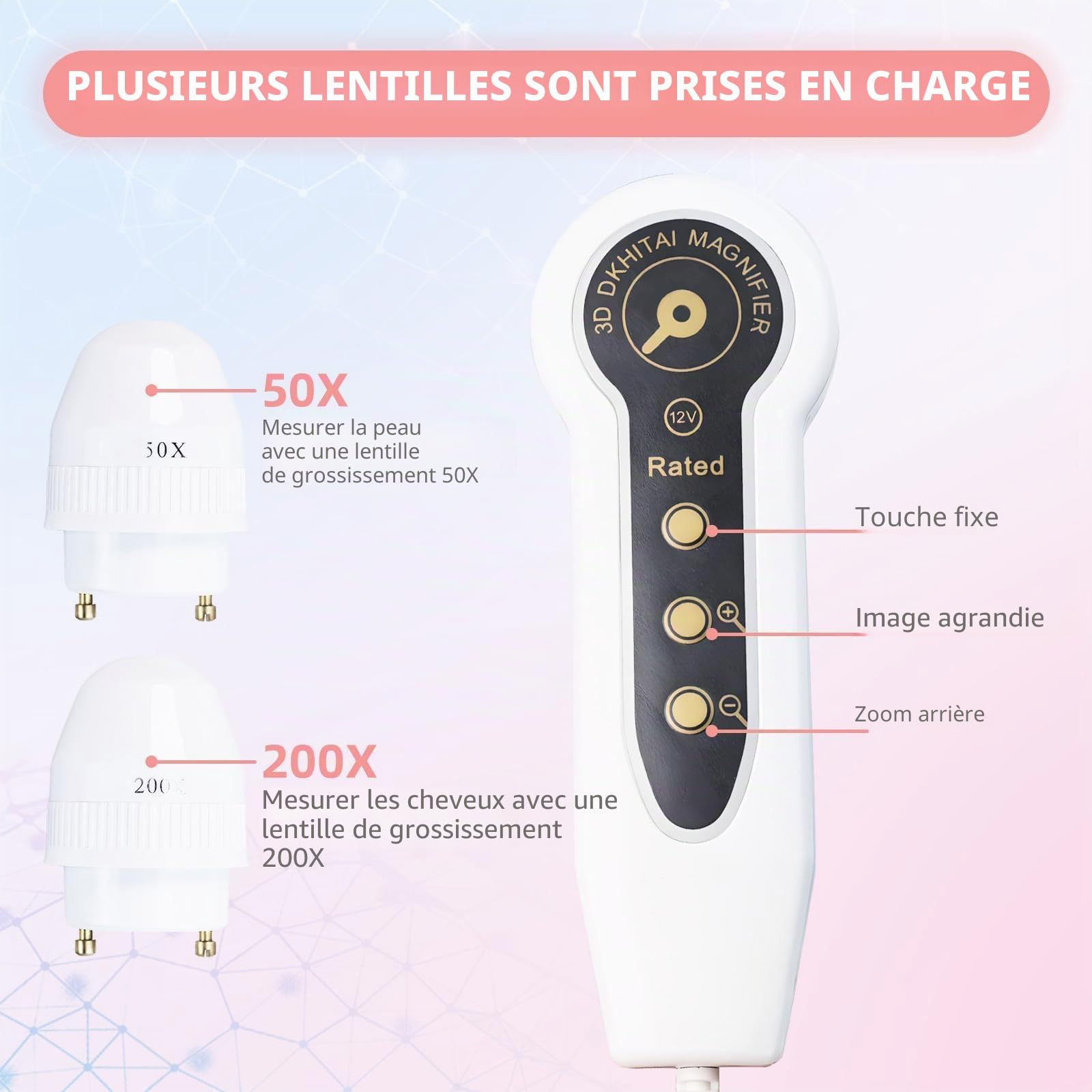 Analyseur de Cheveux de Peau Microscope Numérique LCD 5 Pouces Scanner Détecteur de Cuir chevelu 50X 200X Portable Rechargeable Huile de follicule pileux Détecteur d'Augmentation d'Humidité